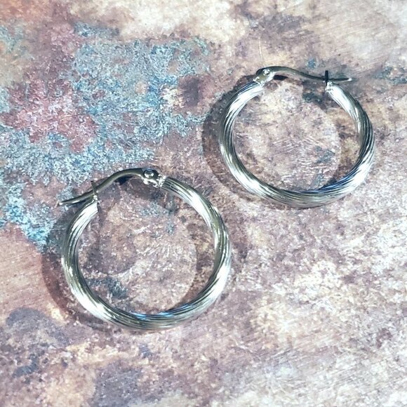 Silver Surgical Stainless Steel Round Subtle Twist 25mm Minimalist Hoop Earrings - Picture 6 of 10